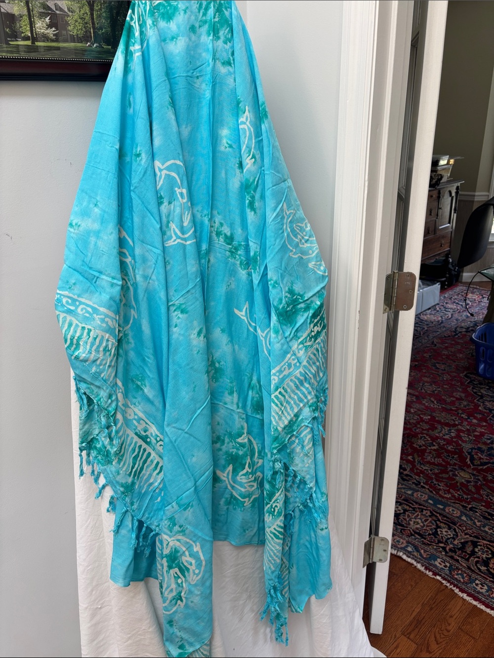 Cruise ready ! Turquoise Hand-Dyed rayon sarong cover-up with Fringe